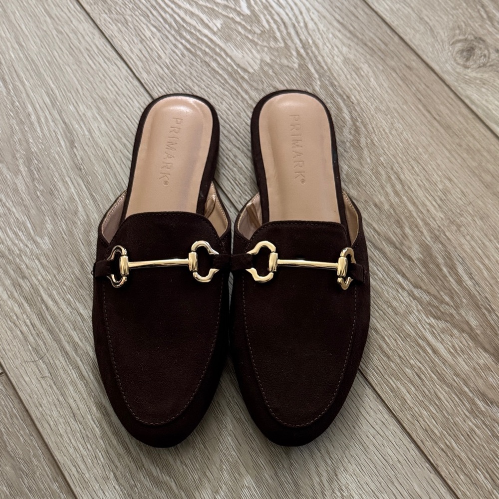 Primark Women's Dark Brown Mules with Gold Accent